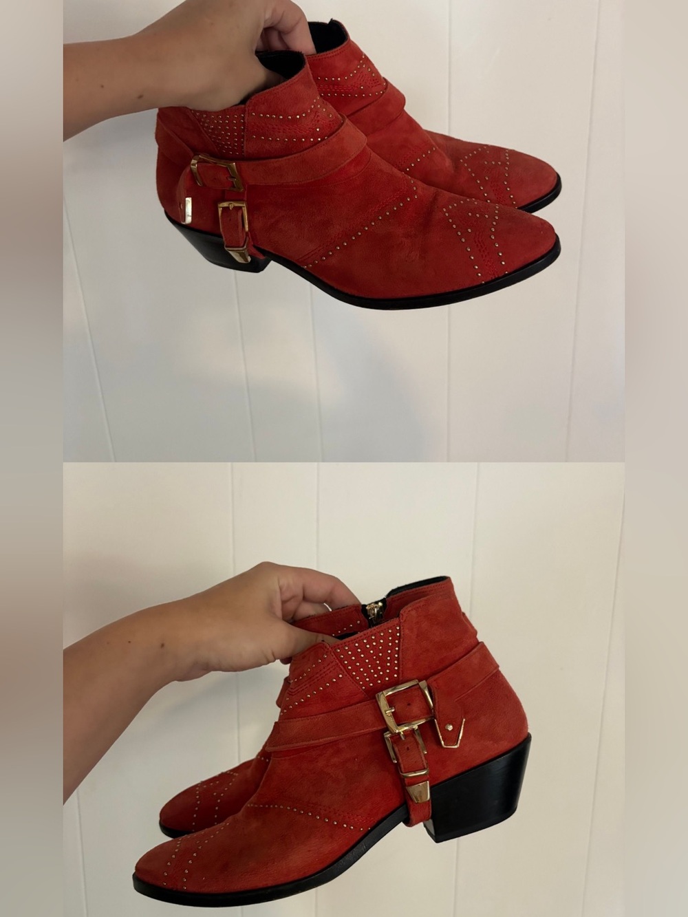 Anine Bing Bianca red suede gold studded boots booties size 10 cowgirl western - Picture 2 of 15